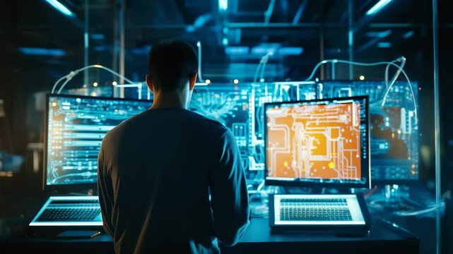 A computer engineer working on a laptop set against the backdrop of a server room, data center, and expansive data storage facilities—visually embodying the core themes of digital technolo 4K - Powered by Adobe