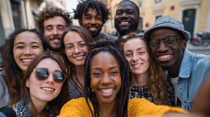 Obraz premium Happy millennial friends from diverse cultures and races having fun posing in front of smartphone camera - Youth and friendship concept - Young multiracial people smiling - Main focus on center faces