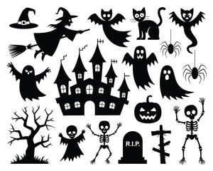 Black and White Halloween Vector Illustration – Haunted Castle, Witch on Broom, Dancing Skeletons, Ghosts, Spider, and Jack-o'-Lantern