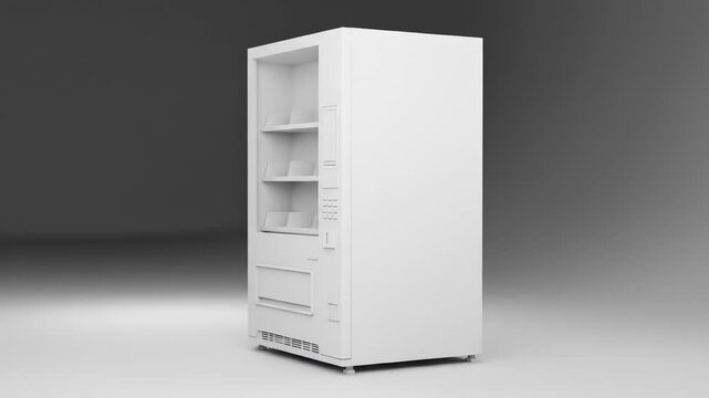 Empty white modern vending machine display for retail product customization, clean isolated template on a gray background.