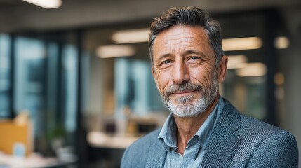 Fototapeta premium mature 50 year old confident professional manager, confident businessman investor looking at camera, smiling mid aged older business man executive standing in office, portrait