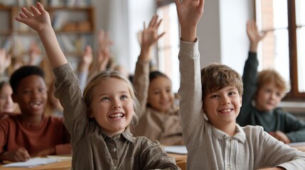 A front view of enthusiastic school kids raising their hands in excitement in a classroom, no logos, no brands