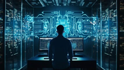 A computer engineer working on a laptop set against the backdrop of a server room, data center, and expansive data storage facilities—visually embodying the core themes of digital technolo 4K - Powered by Adobe