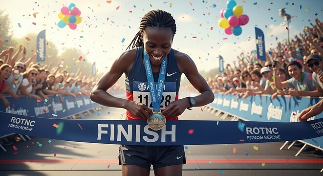 A female athlete crosses the finish line of a marathon, celebrating her victory amidst a shower of confetti. The image conveys triumph, success, and the excitement of a major sporting event.