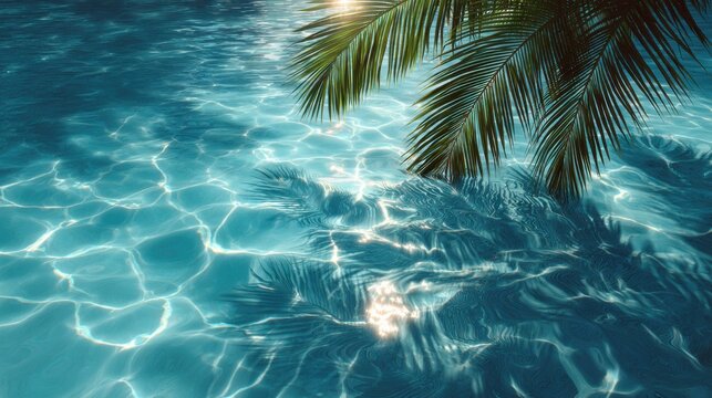 A beautiful blue pool with a palm tree in the water. The palm tree is casting a shadow on the water, creating a serene and peaceful atmosphere. The water is calm and still, reflecting the palm tree