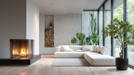 Fototapeta premium Modern Minimalist Living Room with Fireplace and Abundant Greenery