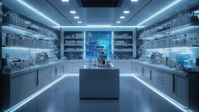 Modern laboratory interior featuring shelves filled with various scientific materials and illuminated with blue LED lighting