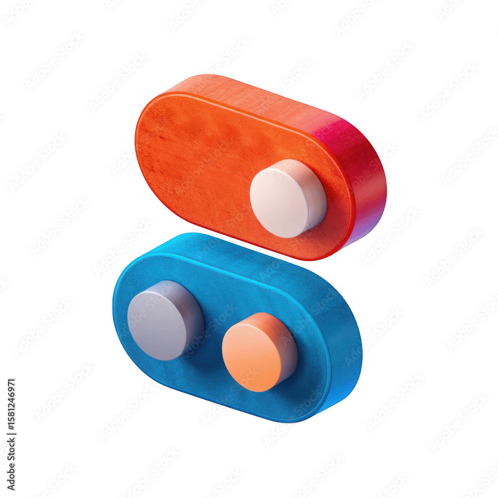 Poster two abstract geometric shapes with rounded edges and circular buttons isolated on transparent backgr