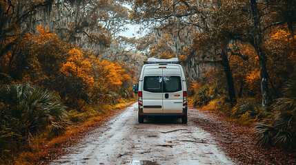 Obraz premium Campervan on Scenic Autumn Road Through Lush Forest