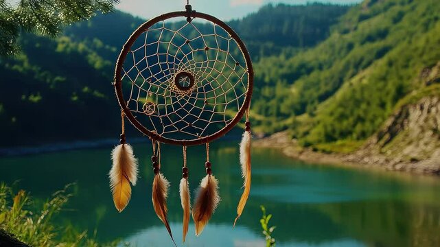Dream catcher hanging by a tranquil lake surrounded by mountains under a clear blue sky