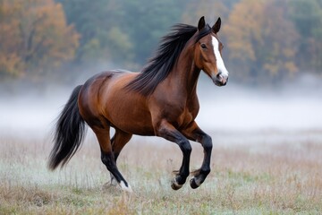 Fototapeta premium Horse galloping through misty meadow at dawn, showcasing natural beauty and grace
