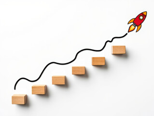 Rocket Launching Upward on a Growth Trajectory with Wooden Blocks Representing Milestones and...