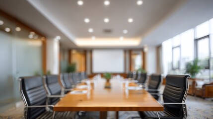 Office blur meeting room blurred background of blurry boardroom presentation with work desk for business discussion, corporate conference, enterprise seminar.Suitable for corporate and business theme