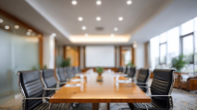 Office blur meeting room blurred background of blurry boardroom presentation with work desk for business discussion, corporate conference, enterprise seminar.Suitable for corporate and business theme