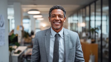 Fototapeta premium A middle-aged African-American businessman standing in an office, smiling and looking at the camera, dressed smartly in a gray suit.