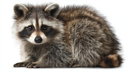 Obraz premium close up of a raccoon. animal, raccoon, cat, mammal, isolated, ferret, kitten, pet, white background, white, wildlife, nature, fur, wild, sitting, young, domestic, isolated on white, polecat, baby, l