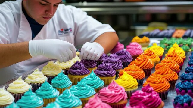 Baker decorates vibrant cupcakes with colorful frosting in a busy kitchen filled with sweet treats