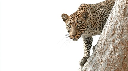 Naklejka premium Leopard climbing a tree to pounce on an unsuspecting animal, white background for clipping