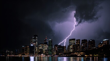 Dramatic lightning strike over modern cityscape at night