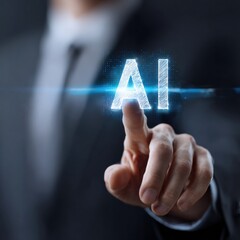 Businessman touches glowing virtual AI icon on futuristic digital interface in dark tech background