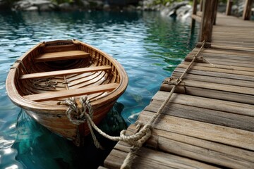 Obraz premium Wooden boat tied to dock on tranquil water during a calm afternoon