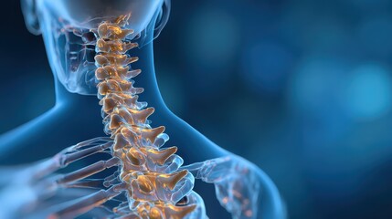 An anatomical illustration of a human spine and skeletal structure against a blue background.