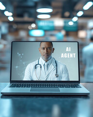 Obraz premium An AI agent doctor on a laptop in a pharmacy symbolizing agentic collaboration in healthcare with a pharmacist and online virtual support from an assistant at a drugstore