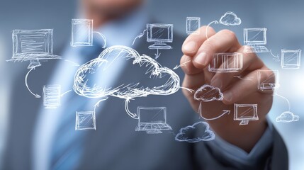 Obraz premium Businessman hand working with a Cloud Computing diagram on the new computer interface as concept, no logos, no brands