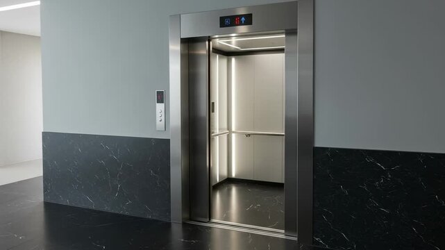 Modern elevator with stainless steel doors and vertical LED lighting opening and closing in a contemporary building lobby with marble accents, showcasing efficient indoor transit.