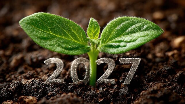 A small plant with the number 2017 written on it. The plant is growing in the dirt and he is a symbol of new beginnings and growth