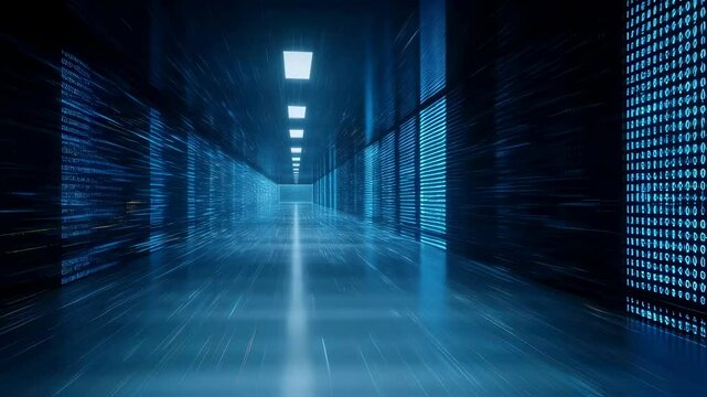 Explore a futuristic corridor illuminated by vibrant blue binary sequences depicting the dynamic energy of data transmission ideal for visual storytelling in technology cybersecurity