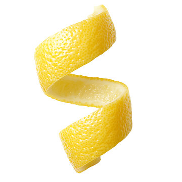 Lemon peel twist on a black background. Adds bright, citrusy flair to cocktails and desserts. Aromatic zest for culinary creations.
