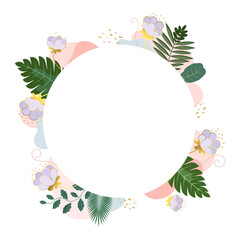 Round banner with flowers and green leaves