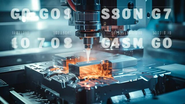 A detailed depiction of a CNC milling machine actively cutting a precision mold part, set against a backdrop of G-code data&mdash;highlighting the integration of advanced manufacturing technolog 4K