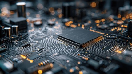 High-tech electronic circuit board background with close-up macro view of complex semiconductor chips connected to motherboard technology components.