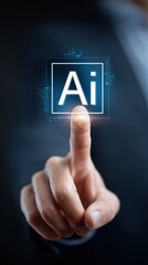 Businessman touches glowing virtual AI icon on futuristic digital interface in dark tech background