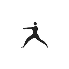 Silhouette of a person in a dynamic pose, seemingly engaged in martial arts or dance, against a black background. Minimalist design.