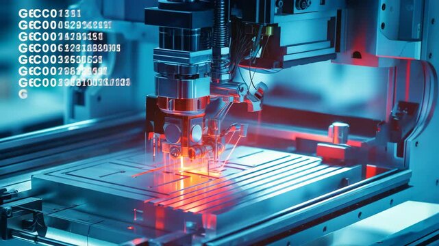 A detailed depiction of a CNC milling machine actively cutting a precision mold part, set against a backdrop of G-code data&mdash;highlighting the integration of advanced manufacturing technolog 4K