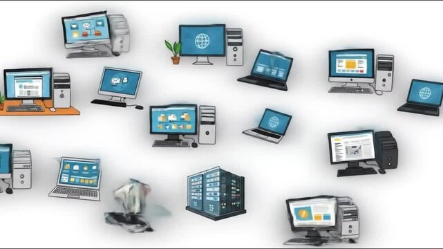 Illustration showing a computer network with desktops laptops and a server rack image