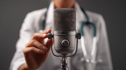 A healthcare professional explaining medical topics into a podcast mic, framed by studio