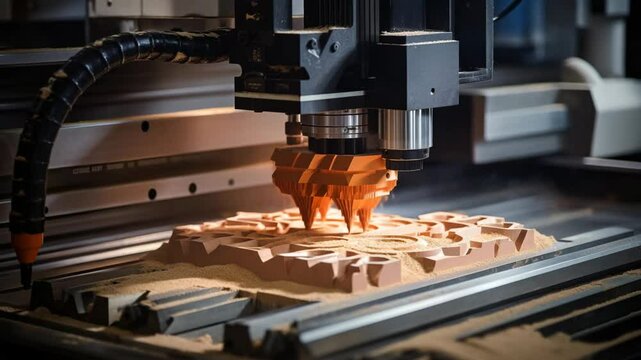 A detailed depiction of a CNC milling machine actively cutting a precision mold part, set against a backdrop of G-code data&mdash;highlighting the integration of advanced manufacturing technolog 4K