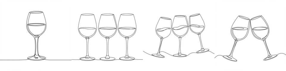 Set of wine glasses in line drawing style on transparent background  