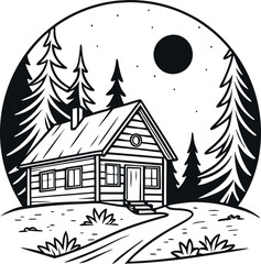 Fototapeta premium Cabin in Woods Line Drawing Vector Surrounded by Small Trees Illustration