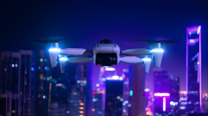 Obraz premium Futuristic White Drone Over City Skyline At Night