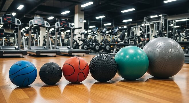 Gym Fitness Equipment Balls on Wooden Floor in Gym Setting