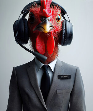 An AI agent customer service representative in a call center dressed as a funny rooster sales assistant rep, symbolizing communication and online associate support
