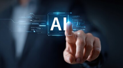 Businessman touches glowing virtual AI icon on futuristic digital interface in dark tech background