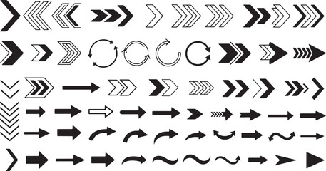Collection of diverse black arrow icons and symbols isolated on white background isolated on transparent background silhouette