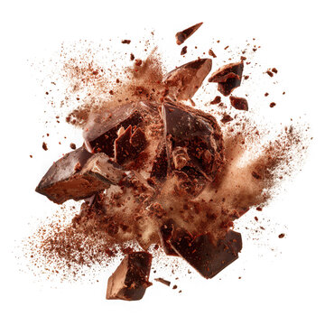 Dark chocolate chunks exploding with cocoa powder in a dynamic burst isolated on transparent background