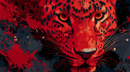 vector panther on black background in red colors .Generative AI
